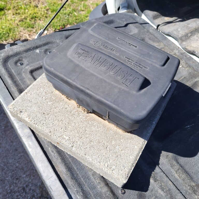 outdoor rodent station mounted on a heavy block